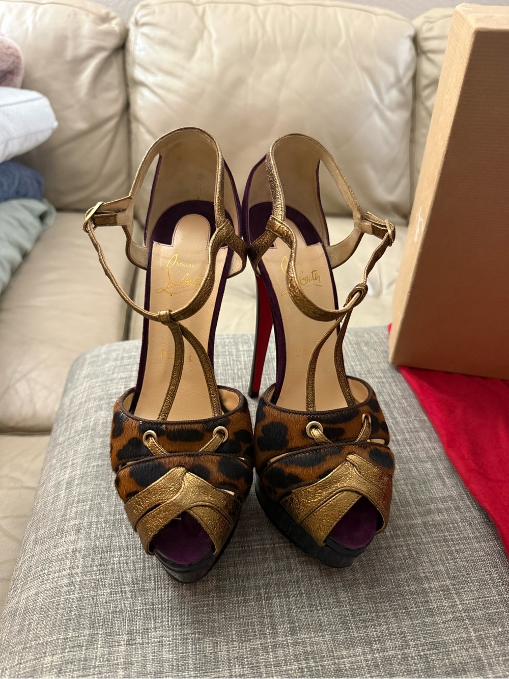 Christian Louboutin Gold and Black T-Strap Platform Heels - Picture 2 of 7